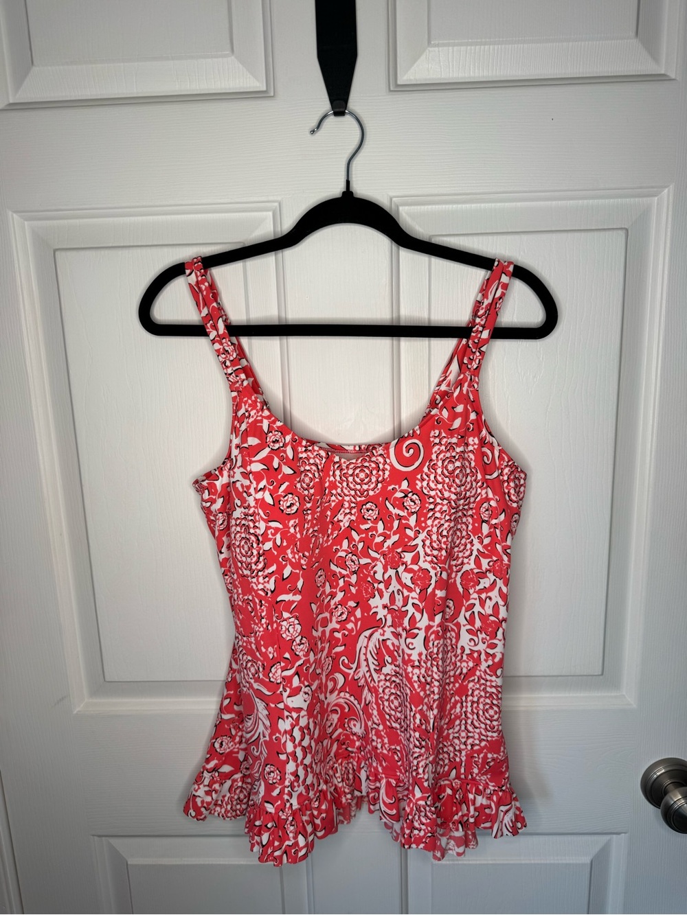 Red & White Floral Ruffle Tankini